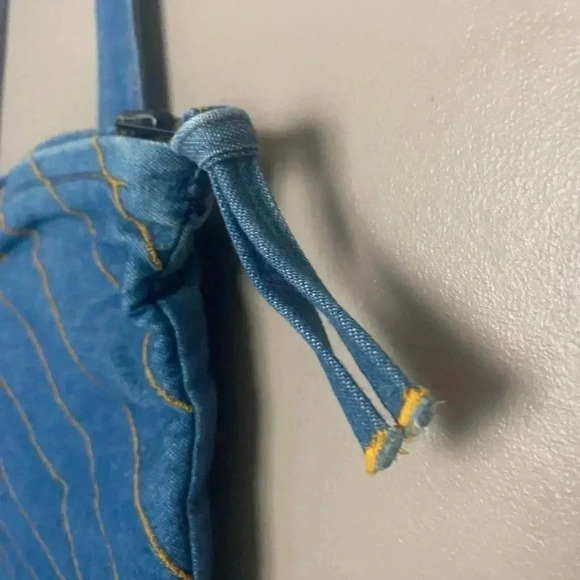 denim shoulder bag, jean tote bag artisan 70s style purse gold stitching boho - Picture 11 of 16